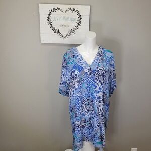 Natori Blue White Teal Abstract Print V Neck Sleep Shirt Loungewear Size M